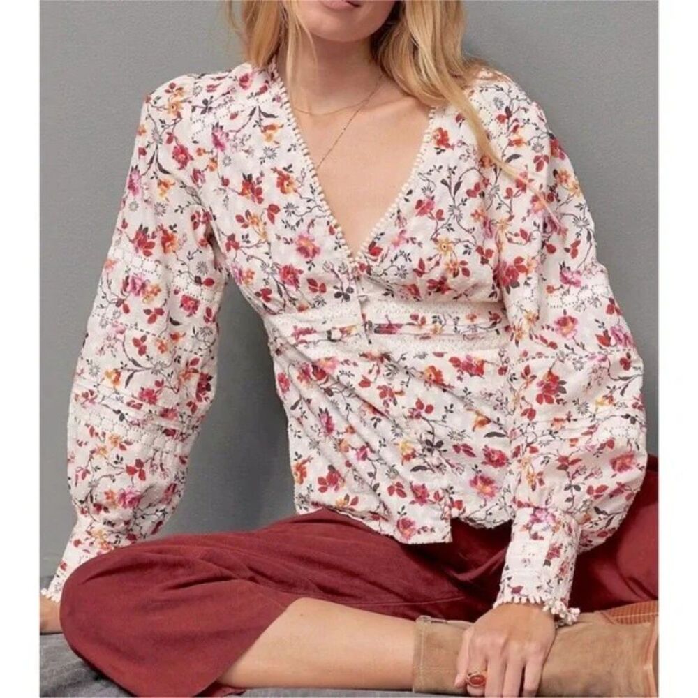 Anthropologie Floral Puff-Sleeved Lace Button Up Blouse 8 Romantic Boho Cottage